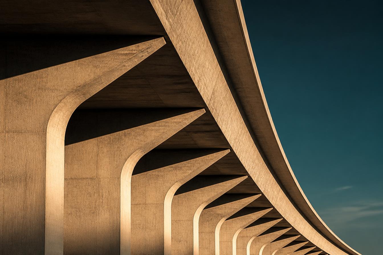 Rhythmic concrete geometry beneath a modern bridge in warm light